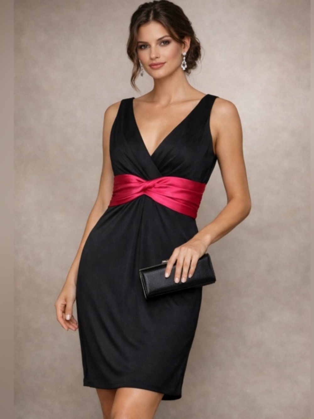 Kay Unger Jersey Satin Sheath Black Midi Dress with Fuchsia Waist Sash